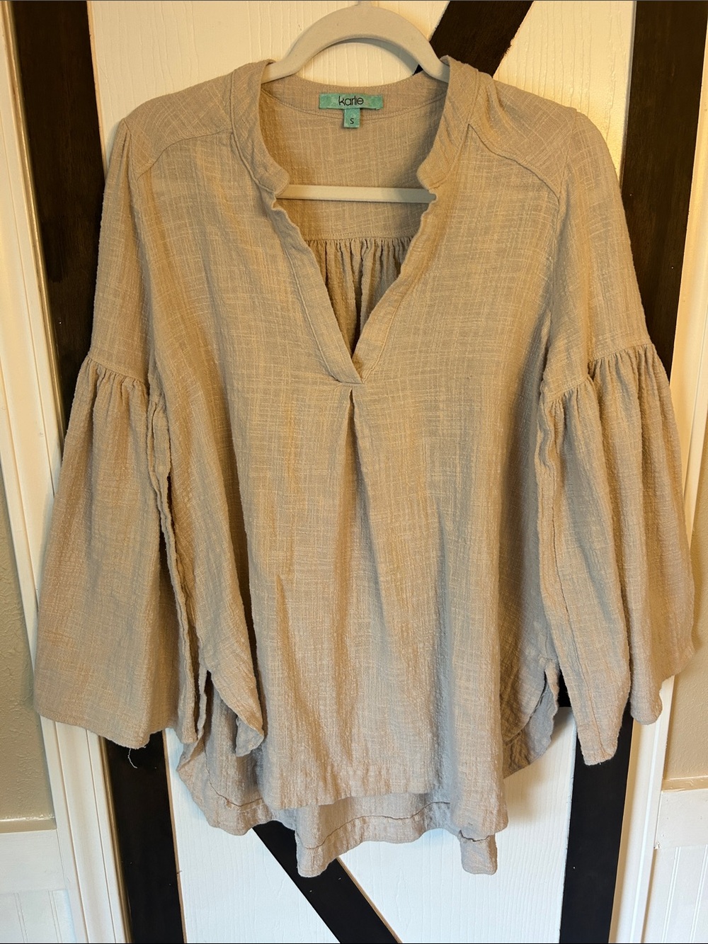 Karlie Light Beige Textured Bell-Sleeve Tunic Top